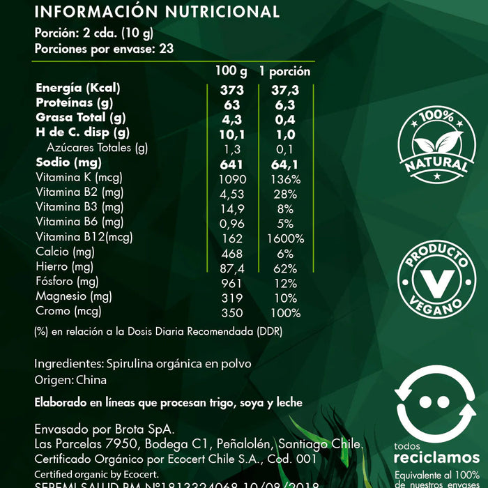 Spirulina Orgánica en Polvo Brota 230 gr