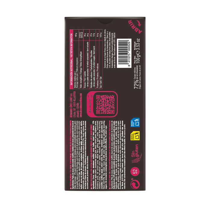 Chocolate Negro 72% Cacao con Frutos del Bosque Sin Azúcar de Clavileño 100 gr
