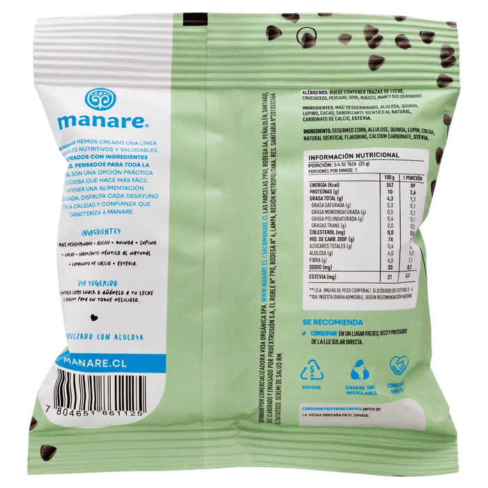 Cereal Flowpack Sin Gluten Cacao, Sin Azúcar, Vegano de Manare 25 gr