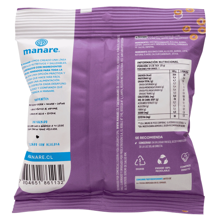 Cereal Flowpack Sin Gluten Dulce, Sin Azúcar, Vegano de Manare 25 gr