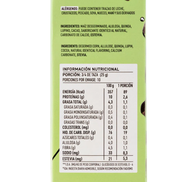 Cereal Sin Gluten sabor Cacao, Sin Azúcar, Vegano de Manare 250 gr