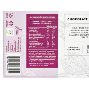 Chocolate Orgánico 62% Cacao Sin Azúcar Manare 100 gr