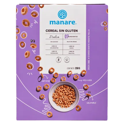 Cereal Sin Gluten Dulce, Sin Azúcar, Vegano de Manare 250 gr
