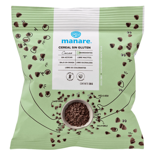 Cereal Flowpack Sin Gluten Cacao, Sin Azúcar, Vegano de Manare 25 gr