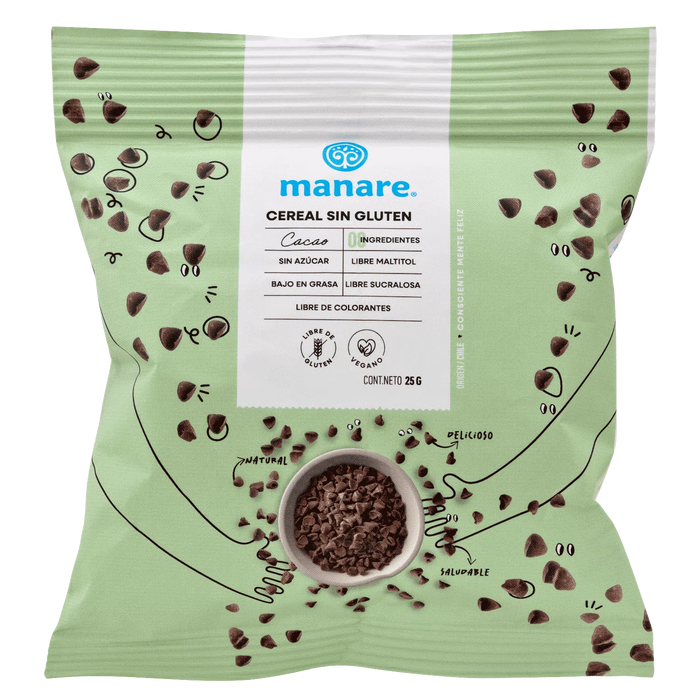 Cereal Flowpack Sin Gluten Cacao, Sin Azúcar, Vegano de Manare 25 gr