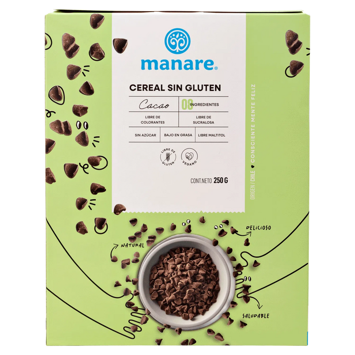 Cereal Sin Gluten sabor Cacao, Sin Azúcar, Vegano de Manare 250 gr