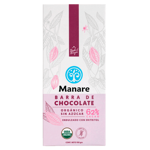 Chocolate Orgánico 62% Cacao Sin Azúcar Manare 100 gr