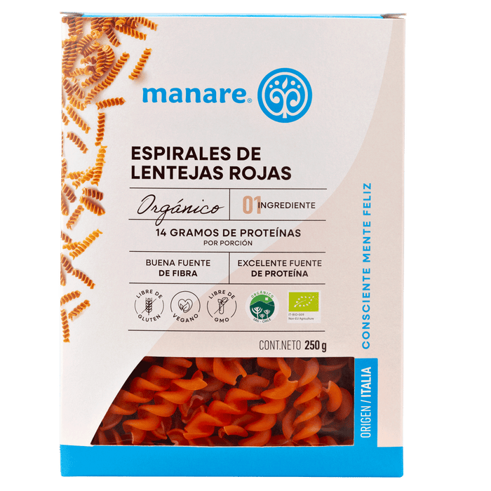 Espirales de Lentejas Rojas Orgánicas Manare 250 gr