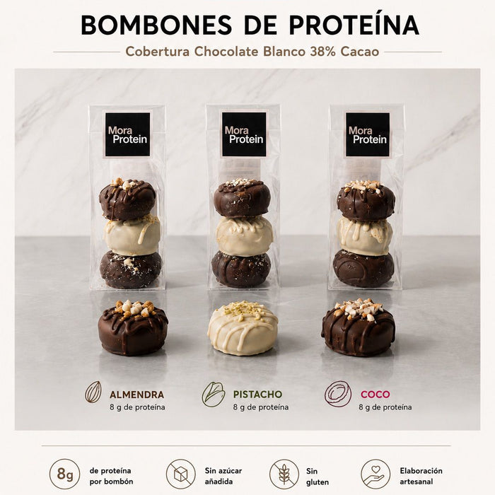Bombones Proteicos y Sin Azúcar de Almendra, Pistacho y Coco de Mora Protein