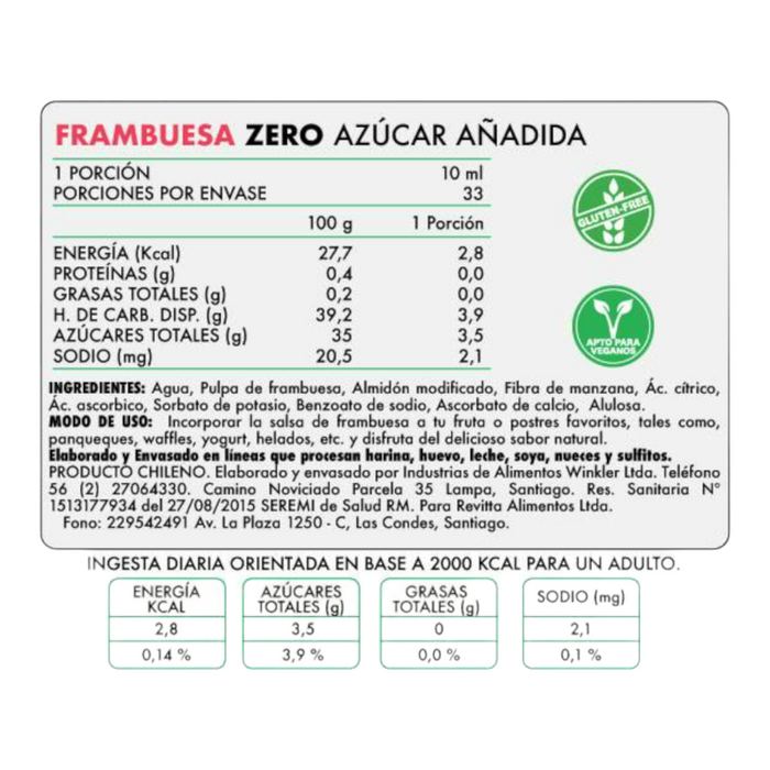 Salsa con Pulpa Natural de Frutas Sin Azúcar Sabor Frambuesa ReVitta 330 gr
