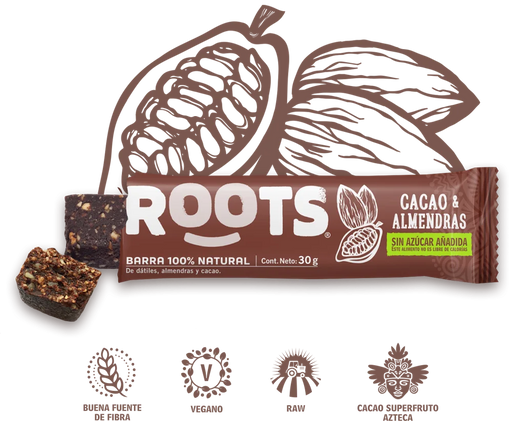 Barra Sin Azúcar de Cacao y Almendras Roots 30 gr