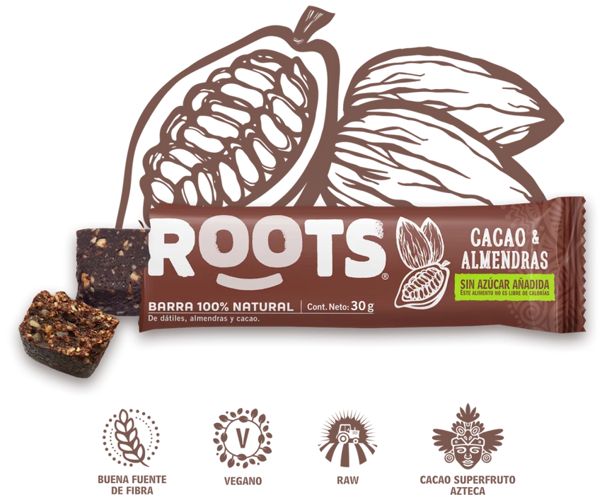 Barra Sin Azúcar de Cacao y Almendras Roots 30 gr