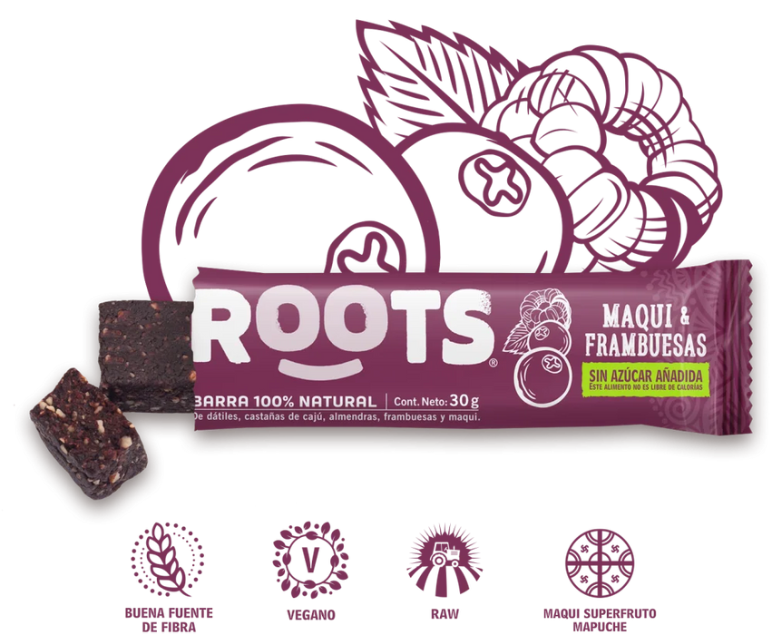 Barra Sin Azúcar de Maqui y Frambuesas Roots 30 gr