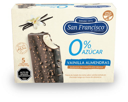 Paletas de Helado Sabor Vainilla Almendras con Chocolate Belga 0% Azúcar San Francisco