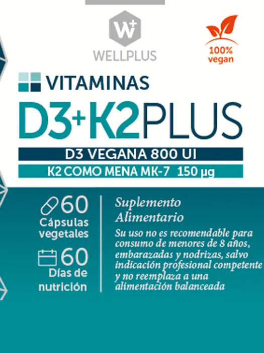 Vitaminas D3+K2 Plus Vegana de WellPlus 60 cápsulas