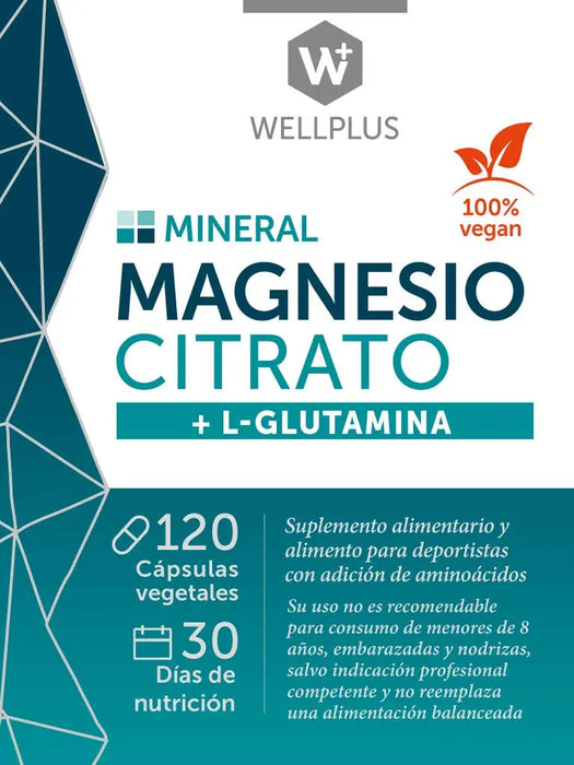 Magnesio Citrato + L-Glutamina sin Gluten de WellPlus 120 cápsulas