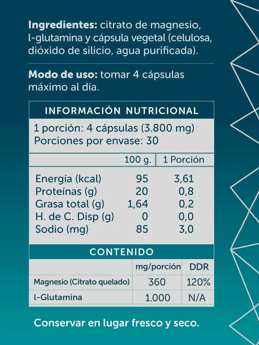 Magnesio Citrato + L-Glutamina sin Gluten de WellPlus 120 cápsulas