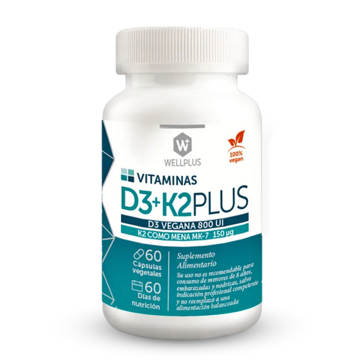 Vitaminas D3+K2 Plus Vegana de WellPlus 60 cápsulas