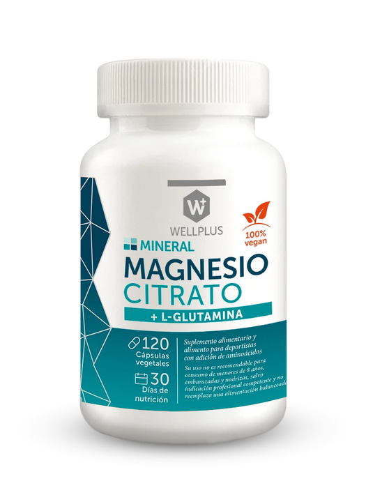 Magnesio Citrato + L-Glutamina sin Gluten de WellPlus 120 cápsulas
