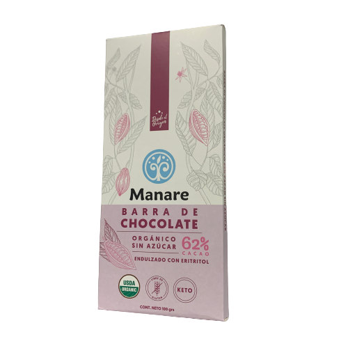 Chocolate Orgánico 62% Cacao Sin Azúcar Manare 100 gr