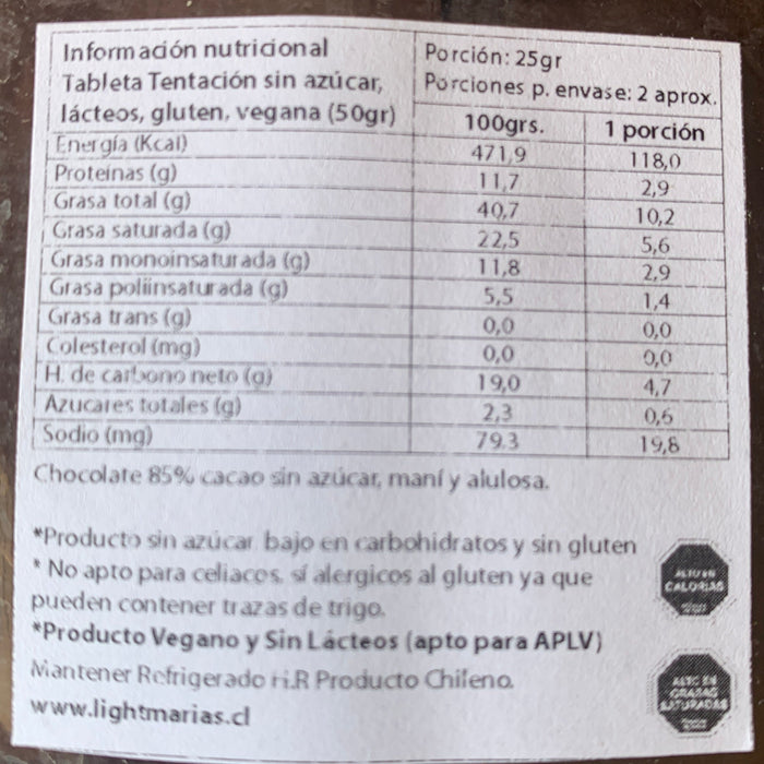 Tabletas de Chocolate Keto Veganas sin Lácteos de Light Marias 50 gr