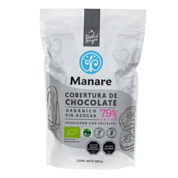 Cobertura de Chocolate 79% de Cacao Orgánico Sin Azúcar Manare 400gr
